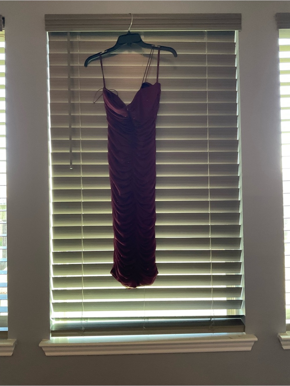 Ruched Spaghetti-Strap Midi Dress in Deep Burgundy